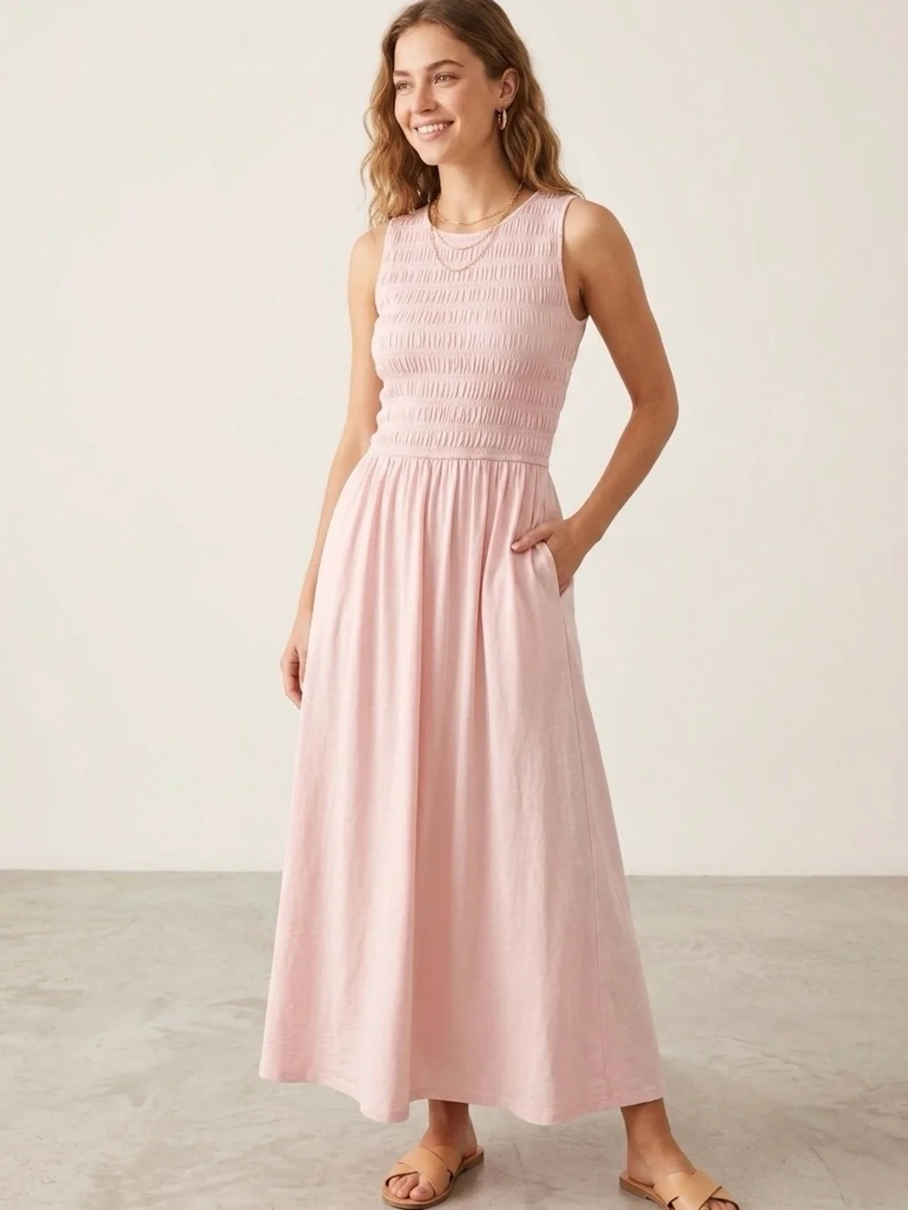 NWT Universal Thread Pink Smocked Bodice Sleeveless Midi Dress - Size Small